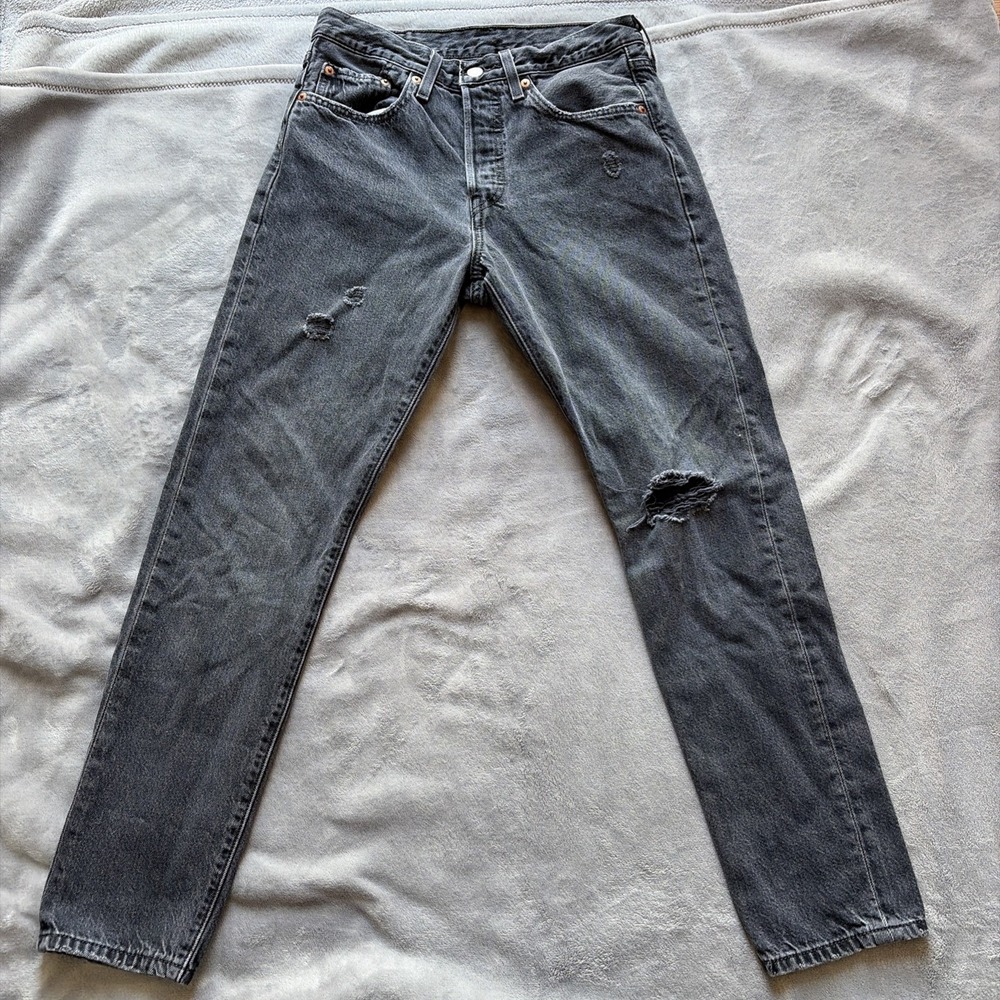 Levis 501 S Jeans Women 27x28‎ Black Gray Wash Button Fly Skinny Stretch Denim